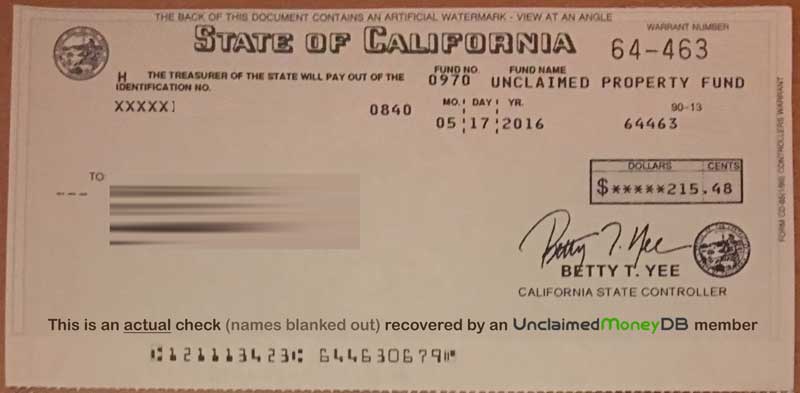 Unclaimed Money Check from State of California